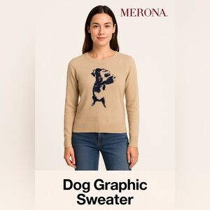 Merona Beige Dog Graphic Sweater Women’s Small Lightweight Knit Crewneck
